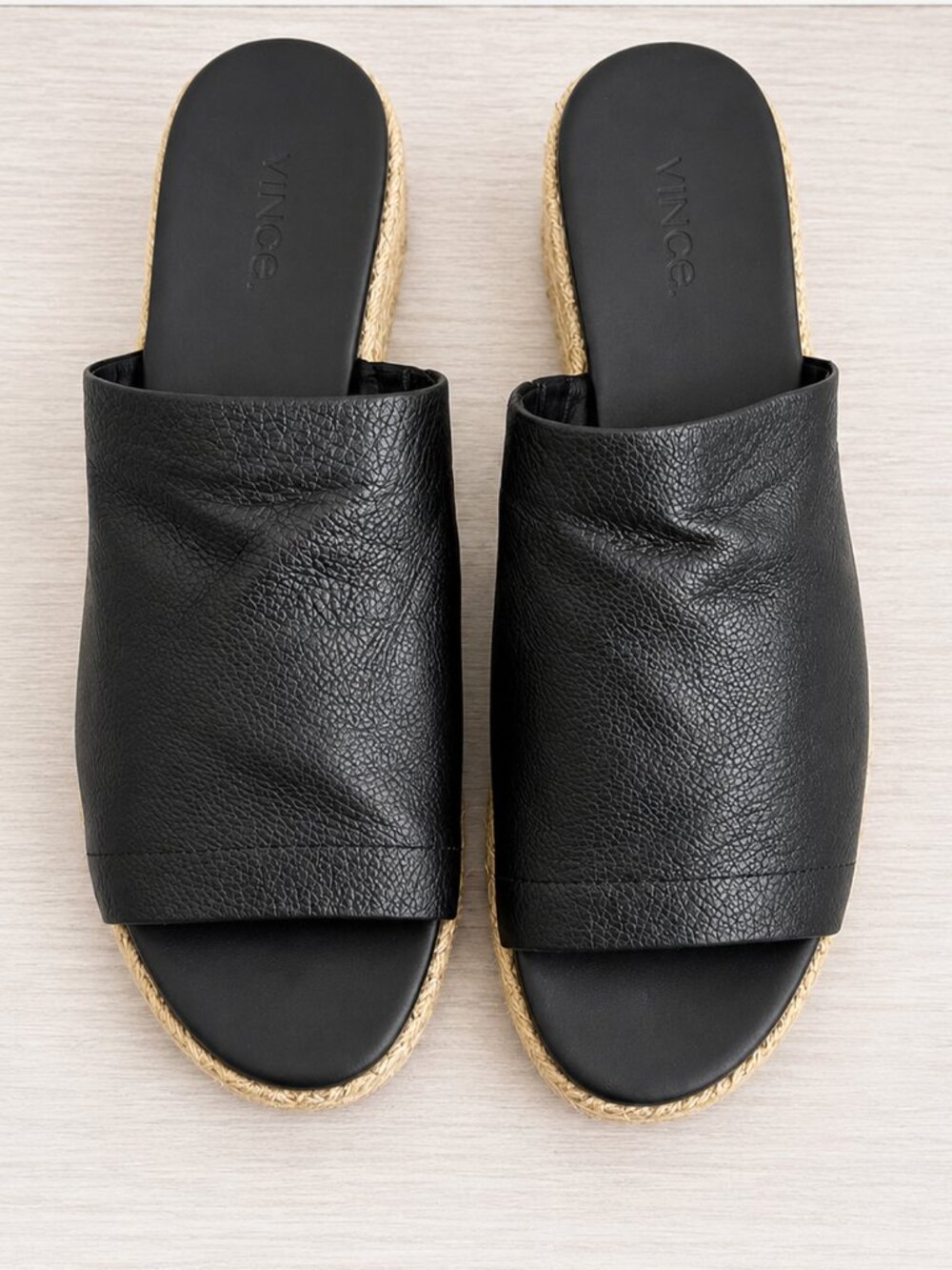 Vince Black Leather Espadrille Platform Slides